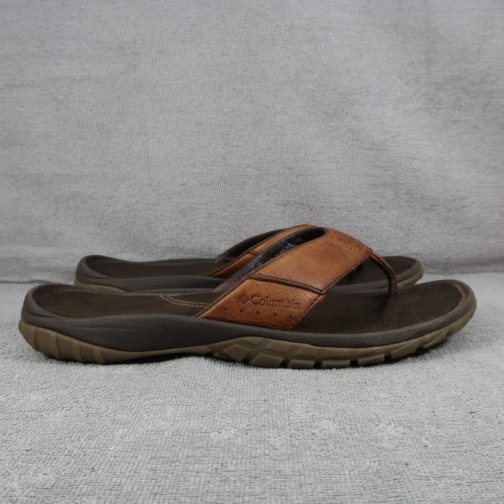 Columbia Nassau Mens 11 Brown Leather Slip On Thong Flip Flop Sandals_9